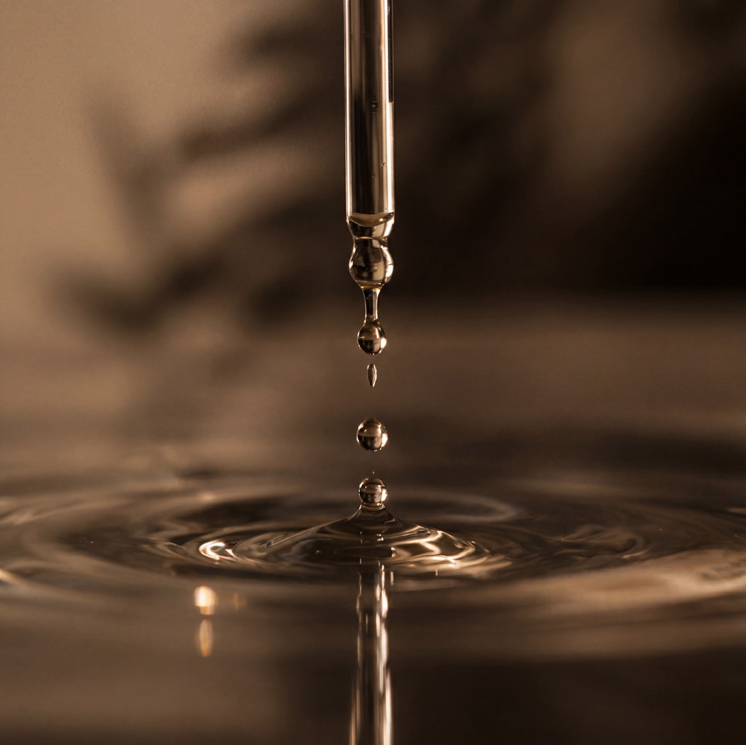 A glass dropper releasing a single drop of formula into still liquid.
