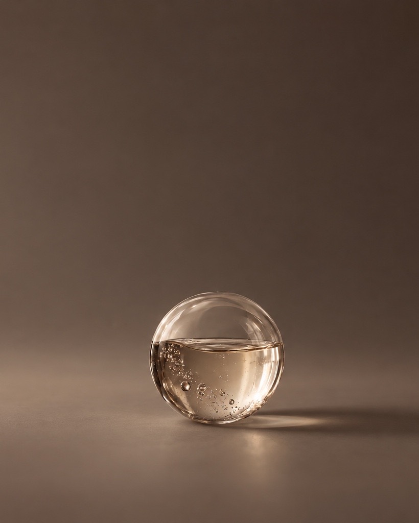 A clear glass sphere of liquid resting on a warm grey surface.