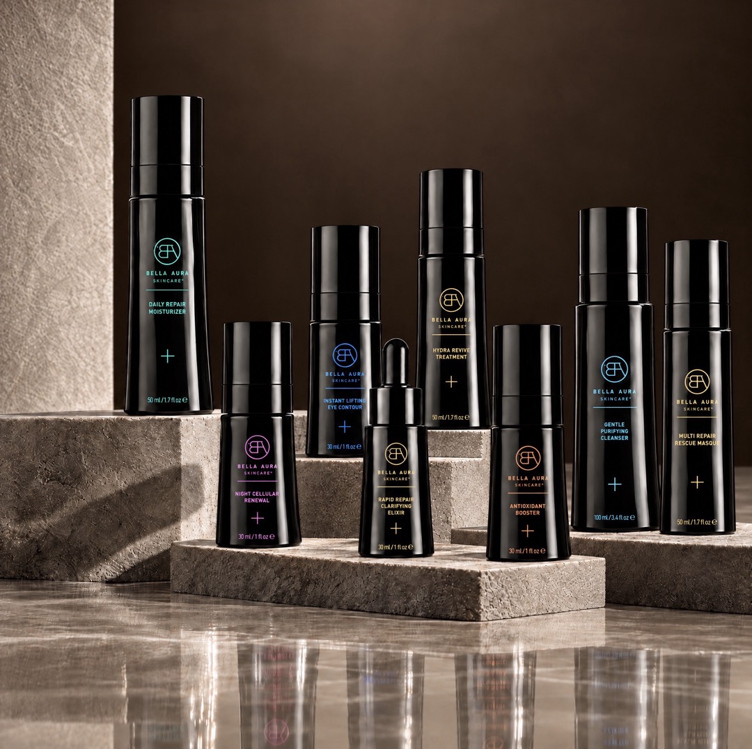 The Bella Aura collection: eight formulas arranged on stone steps.