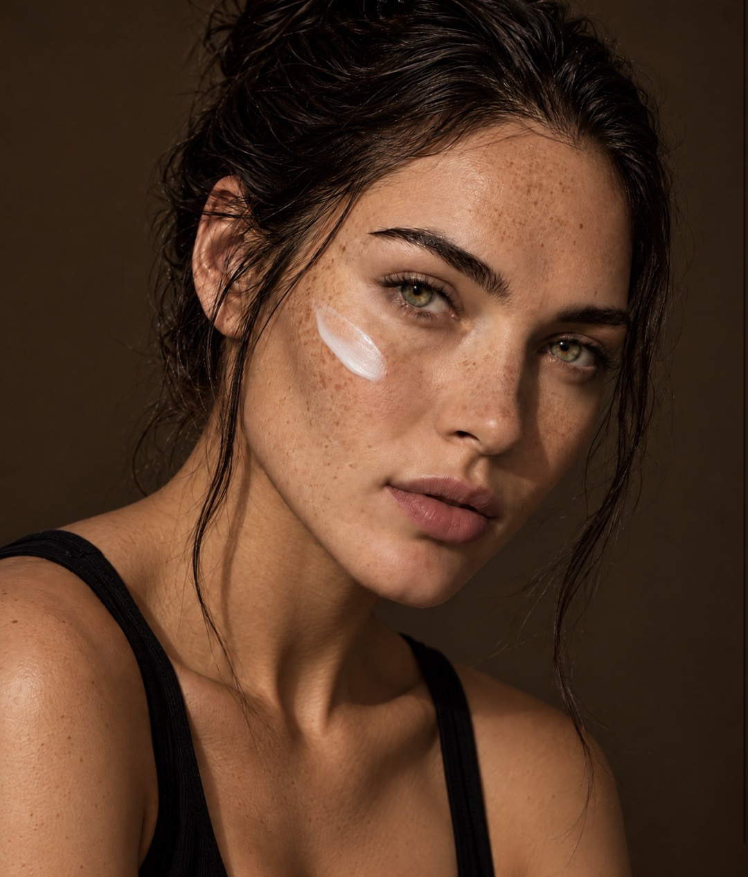 Portrait of a model with freckled skin and a touch of cream on her cheek.