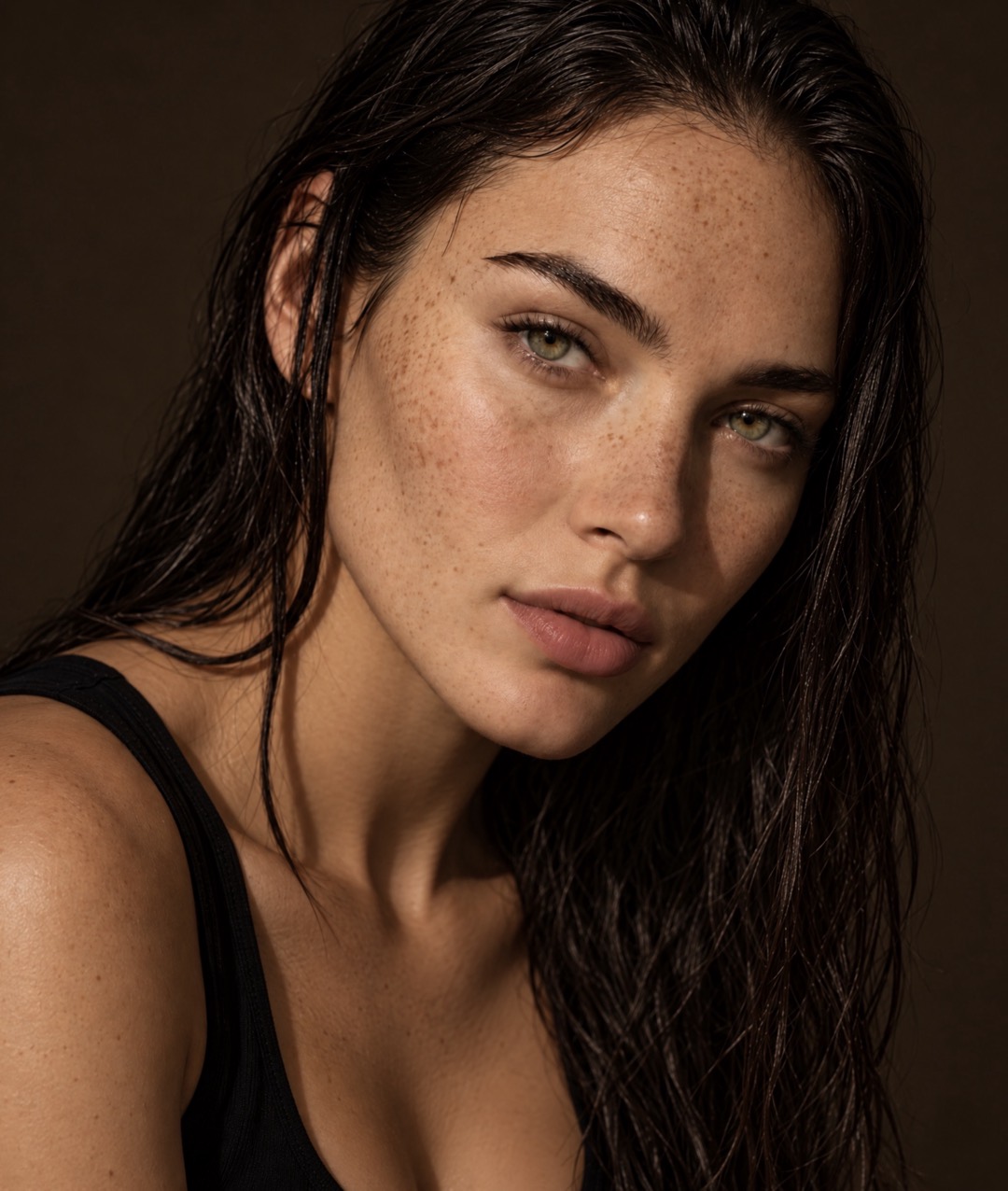 Portrait of a model with freckled skin against a dark brown background.