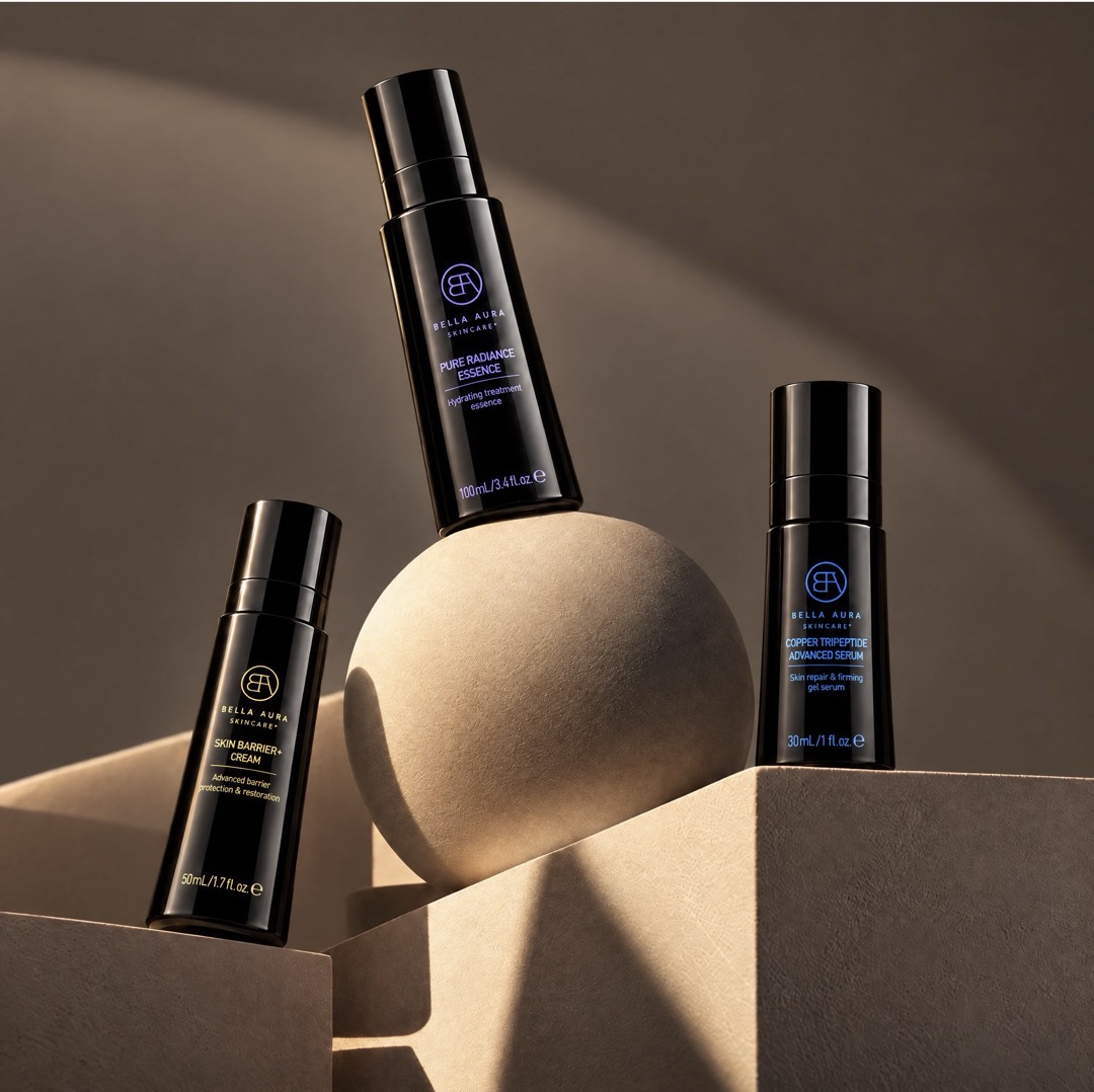 Pure Radiance Essence, Skin Barrier+ Cream and Copper Tripeptide Advanced Serum arranged on stone forms.