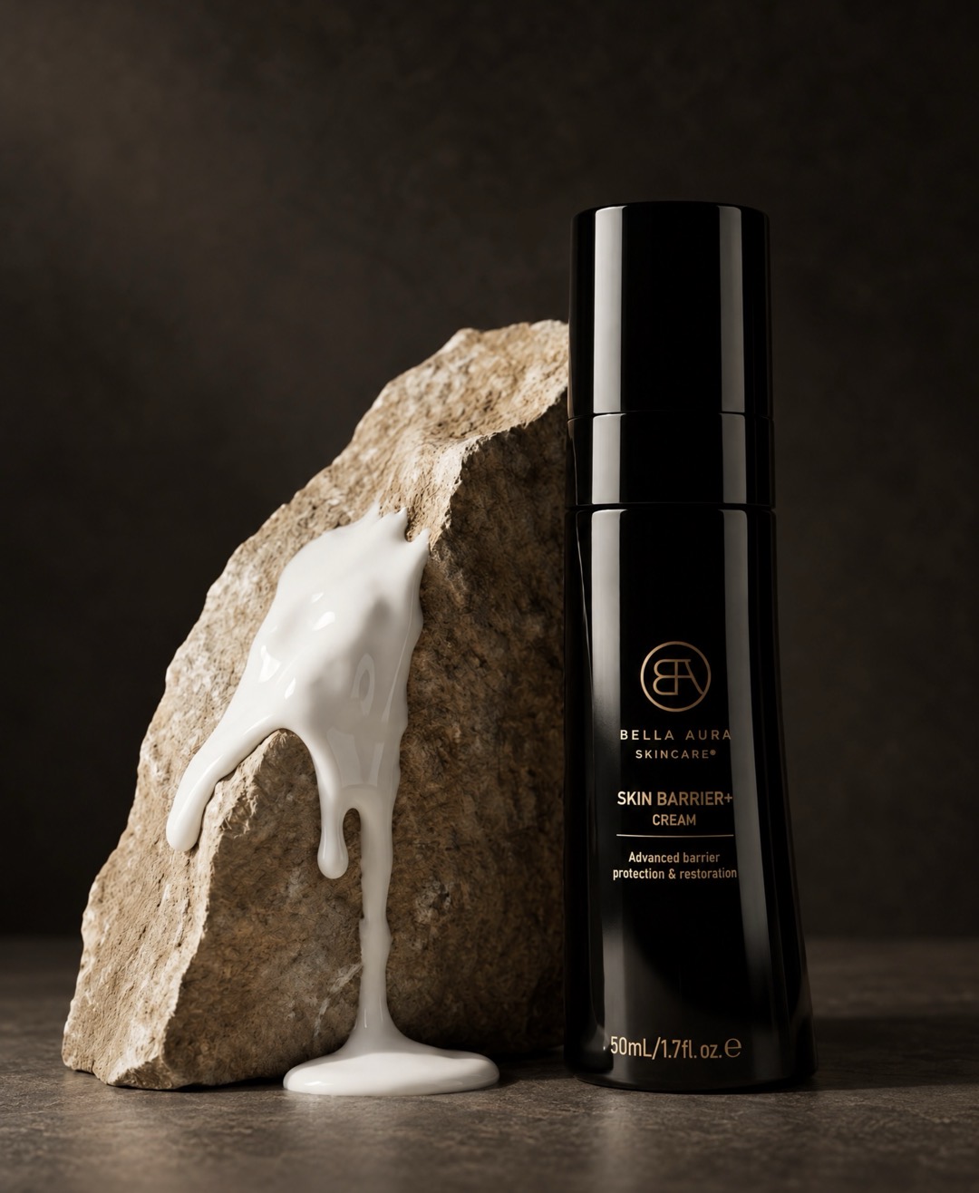 Skin Barrier+ Cream beside a stone dripping with cream.