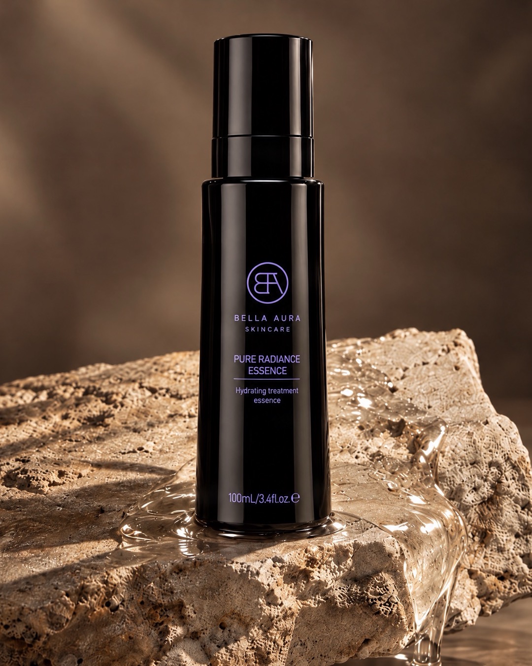 Pure Radiance Essence on a warm stone with clear essence pooling around it.